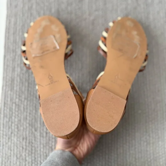 Anthropologie Brown Tan Woven Leather Ankle Strap Flats Sandals Size 8 - Picture 5 of 8